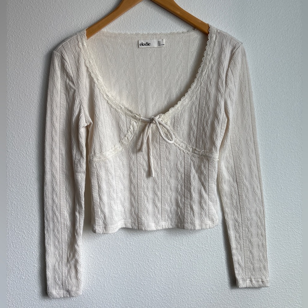 Elodie Cream Cable Knit Lace Trim Tie Front Long Sleeve Top Small